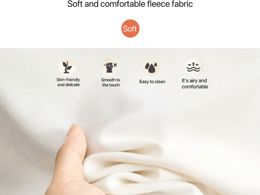 Close-up of soft, skin-friendly fleece fabric, showcasing its smooth, easy-to-clean, and comfortable qualities, ideal for kids.