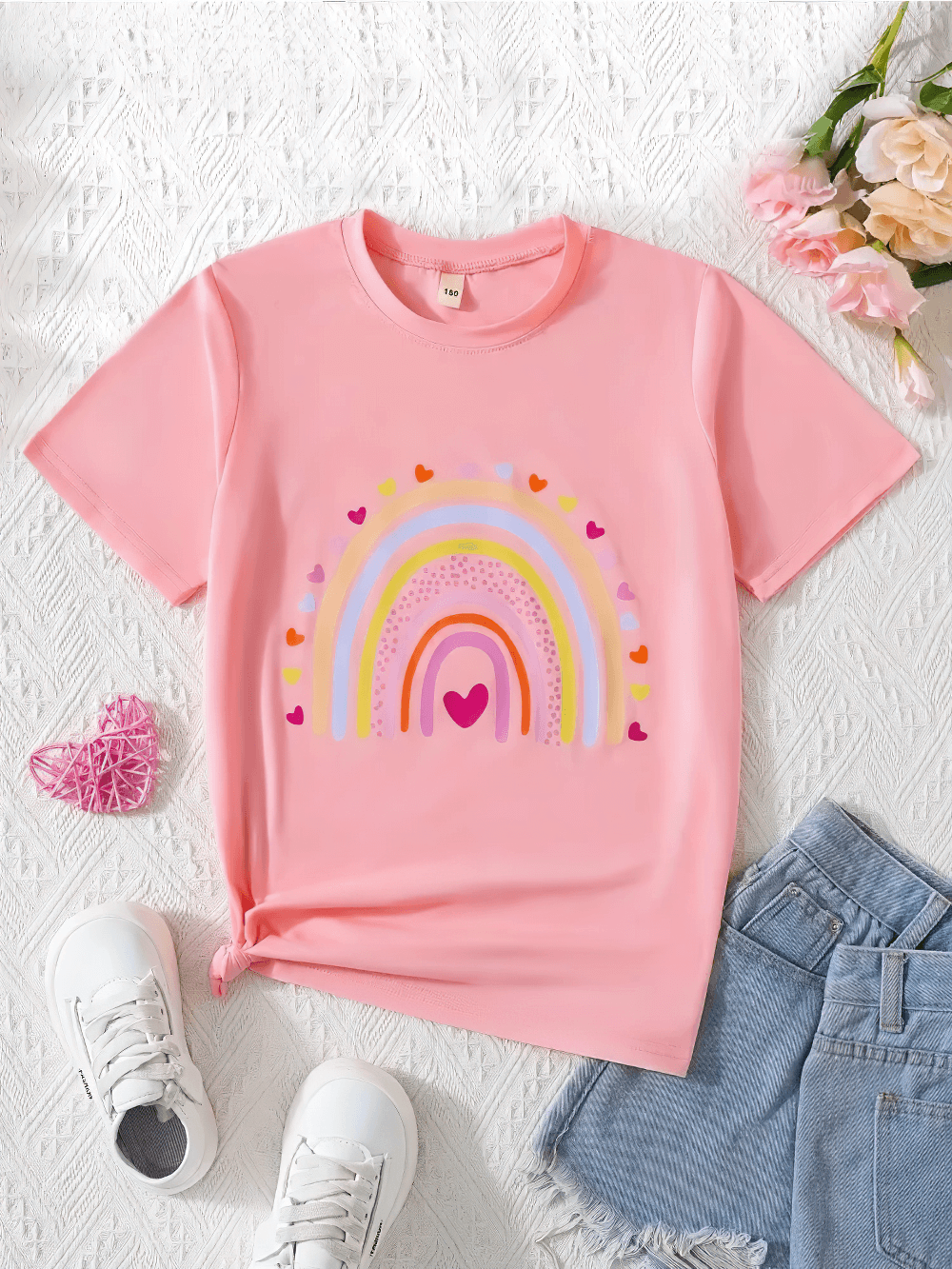 Playful Rainbow Heart Print Short-Sleeved T-Shirt - SF3593 with vibrant design and casual style for kids.