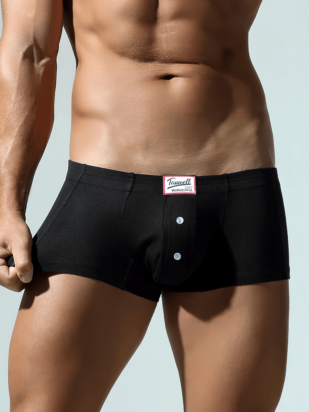 Raised Pouch Synthetic Cotton Boxer Briefs for Men - SF4670 in black with button detail on a model.