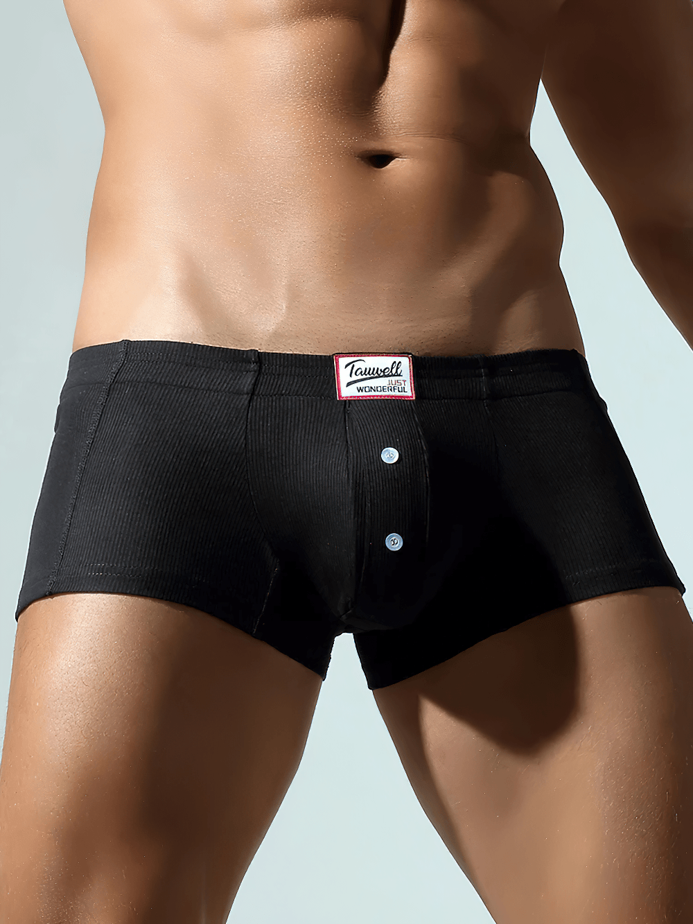 Raised Pouch Synthetic Cotton Boxer Briefs for Men - SF4670 in black, featuring ribbed texture and button detail.
