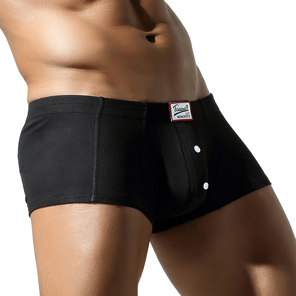 Raised Pouch Synthetic Cotton Boxer Briefs for Men - SF4670 in black showing ribbed fabric and button detail