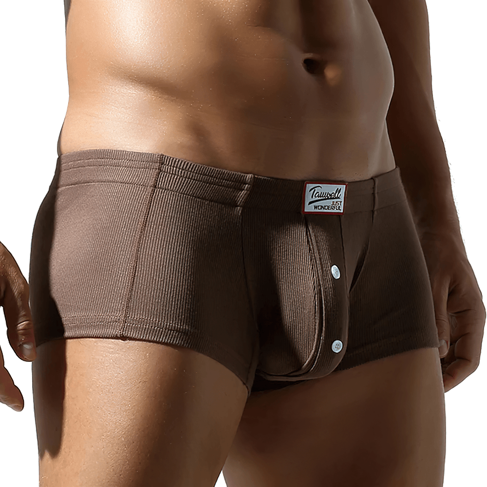 Raised Pouch Synthetic Cotton Boxer Briefs for Men - SF4670 modeled by a man, featuring ribbed texture and button detail.