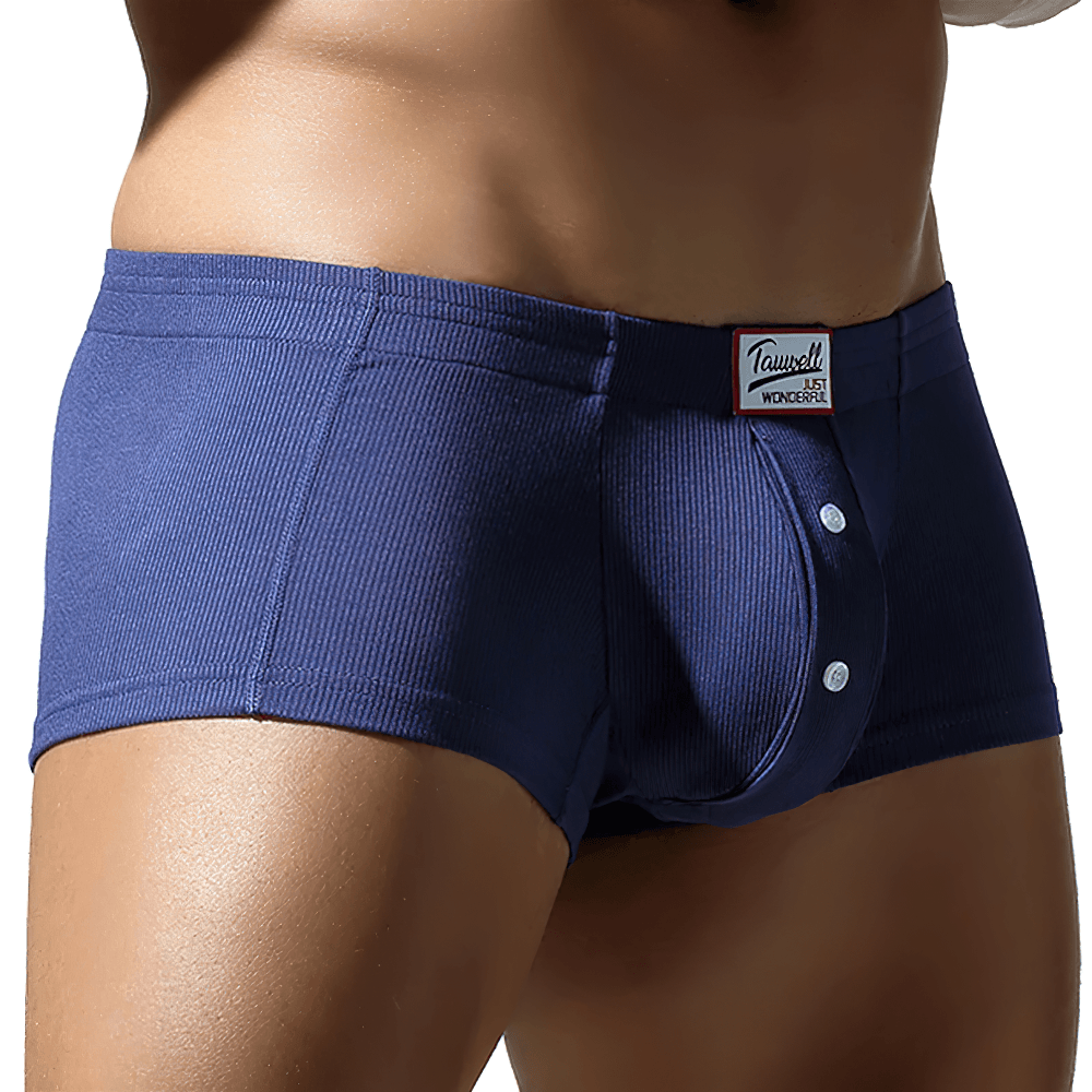 Raised Pouch Synthetic Cotton Boxer Briefs for Men - SF4670 in navy blue with button detail and ribbed texture.