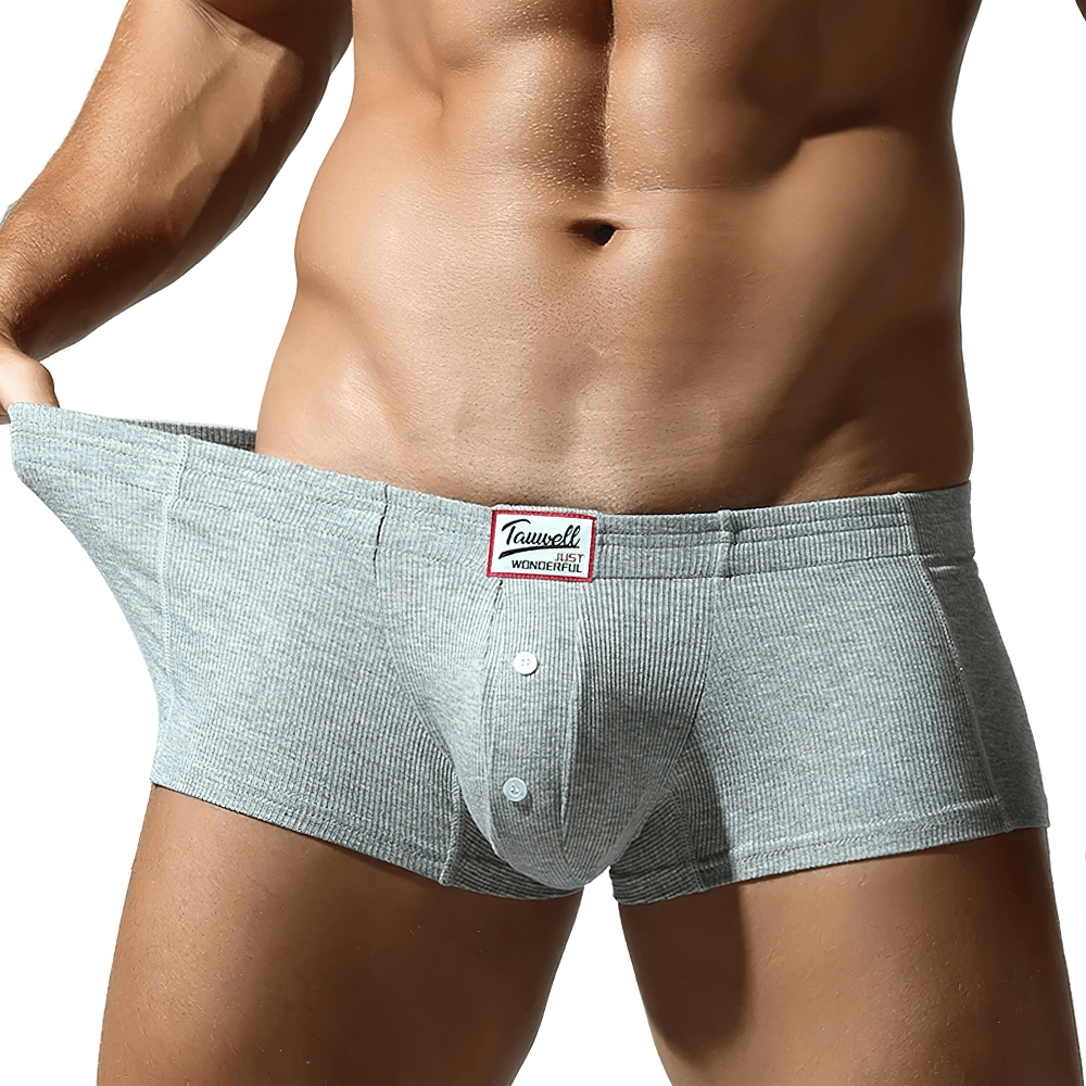 Raised Pouch Synthetic Cotton Boxer Briefs for Men - SF4670 in gray, featuring ribbed texture and button detail.
