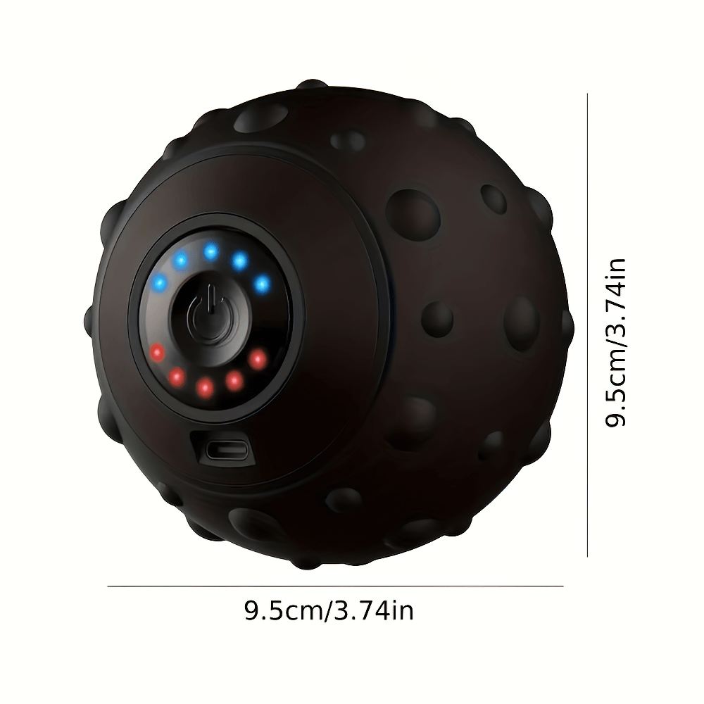 Rechargeable vibrating massage ball for muscle recovery with dimensions 9.5cm, textured surface for deep tissue therapy.