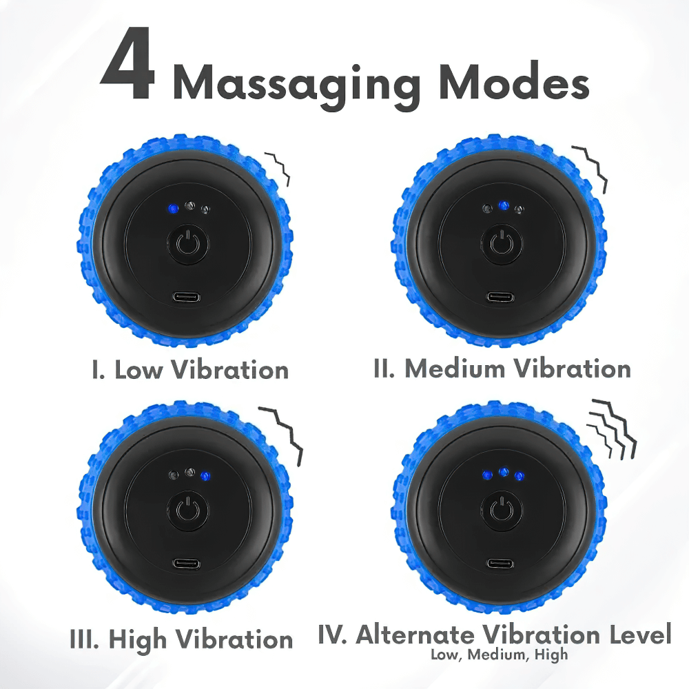 Rechargeable vibrating massage roller with four modes: low, medium, high vibration, and alternate levels for muscle relief.