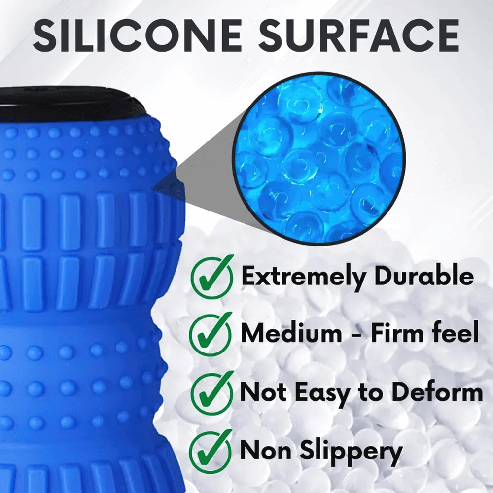 Blue silicone massage roller showing durability, medium-firm feel, non-slippery, and anti-deformation features.