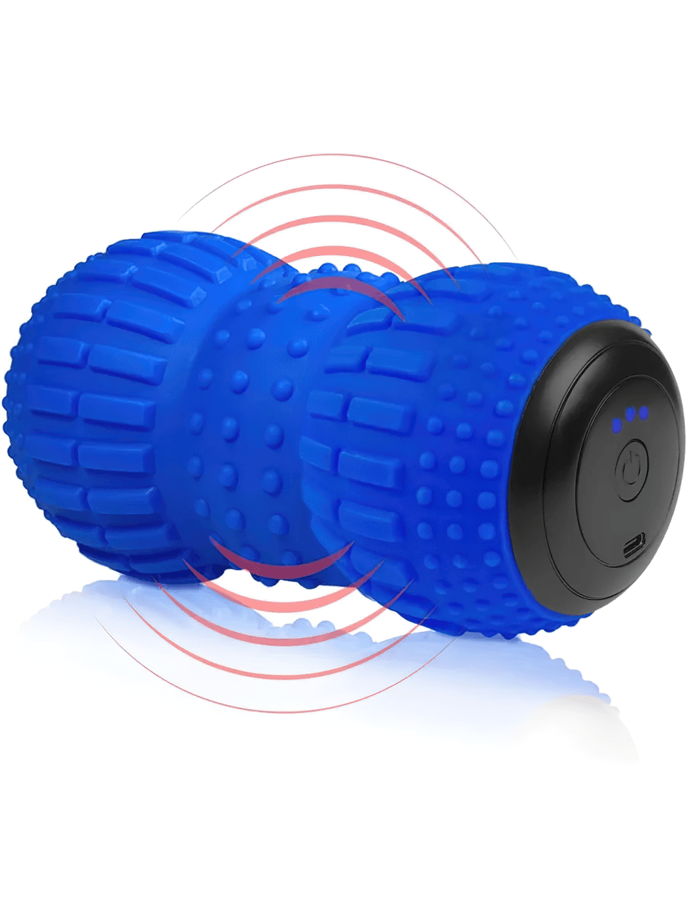 Blue rechargeable vibrating massage roller with textured knobs for deep tissue massage and muscle recovery, ideal for gym and yoga use.