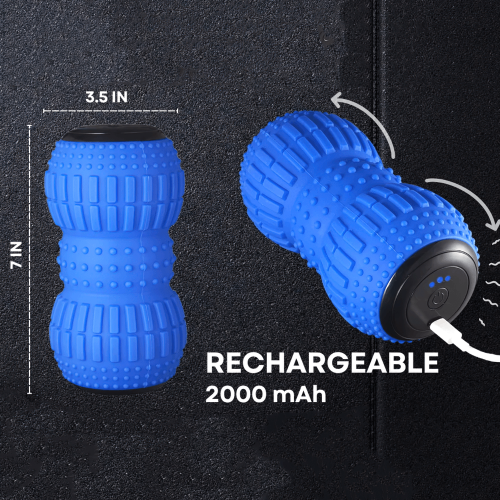 Blue rechargeable vibrating massage roller with textured knobs, size 7x3.5 inches, 2000mAh battery. Perfect for deep tissue massage.