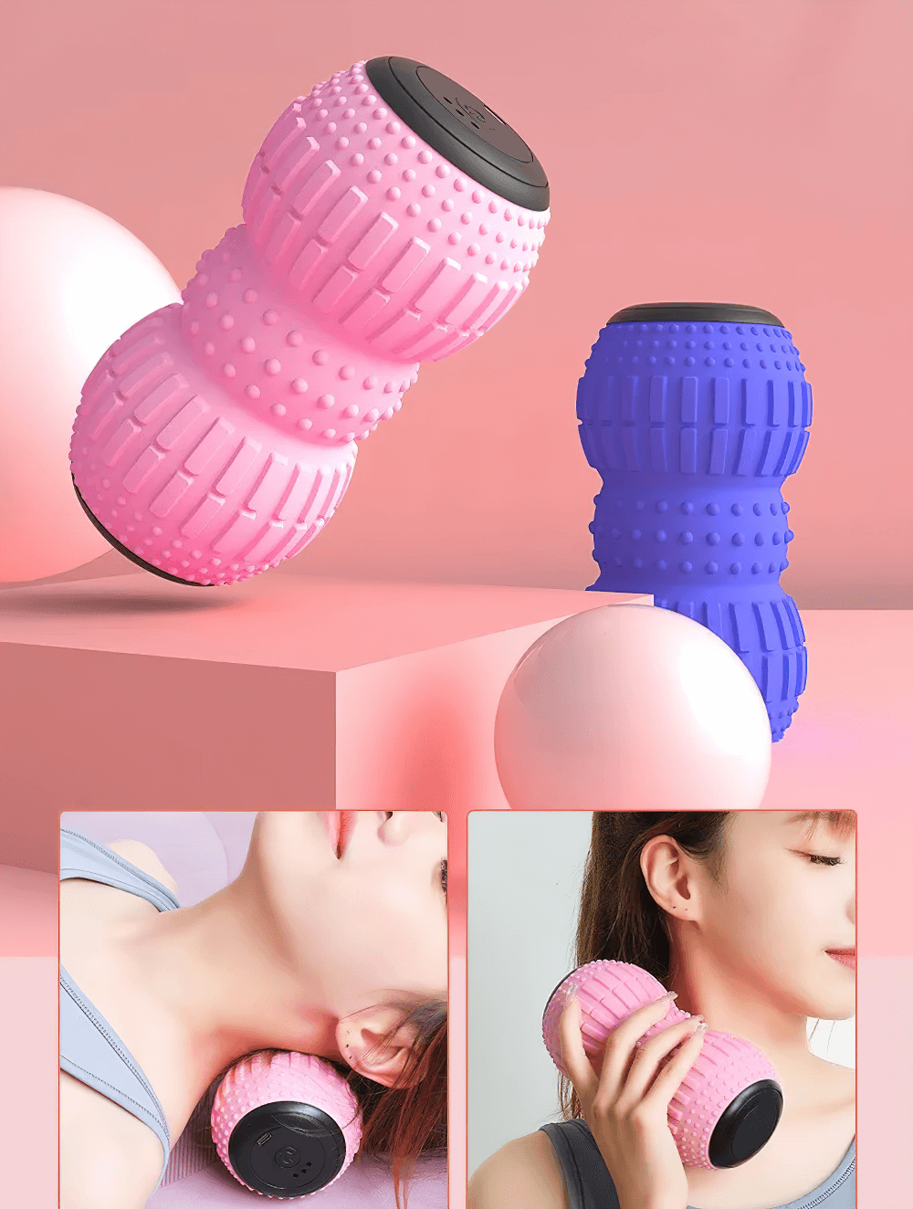 Rechargeable vibrating massage rollers in pink and blue for deep tissue therapy and muscle recovery, perfect for gym or home use.