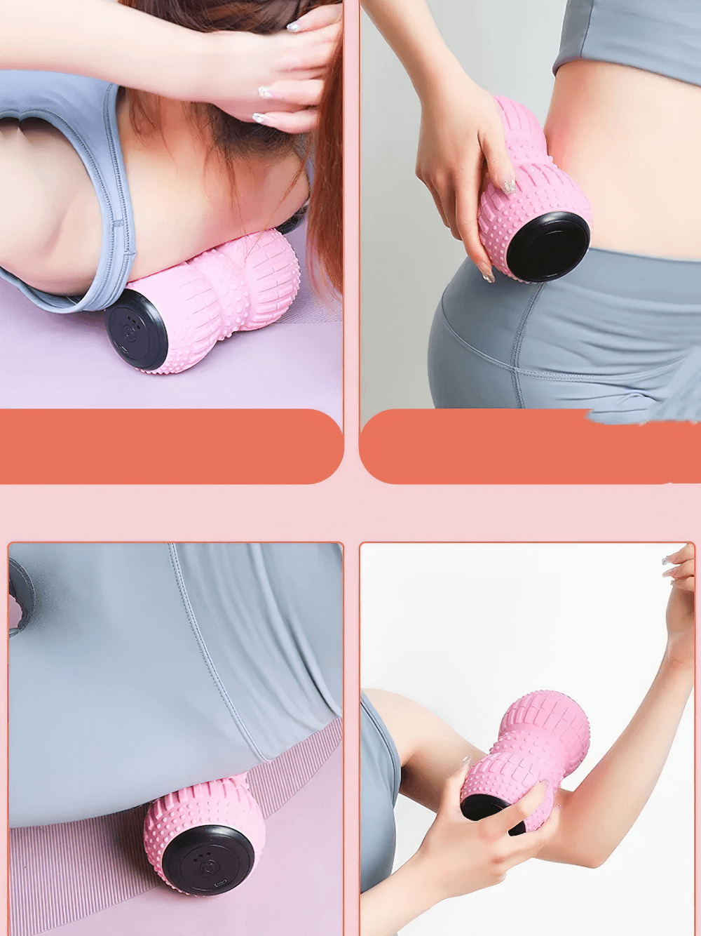 Rechargeable vibrating massage roller used on back, neck, and hips for deep tissue relief and muscle recovery in various poses.