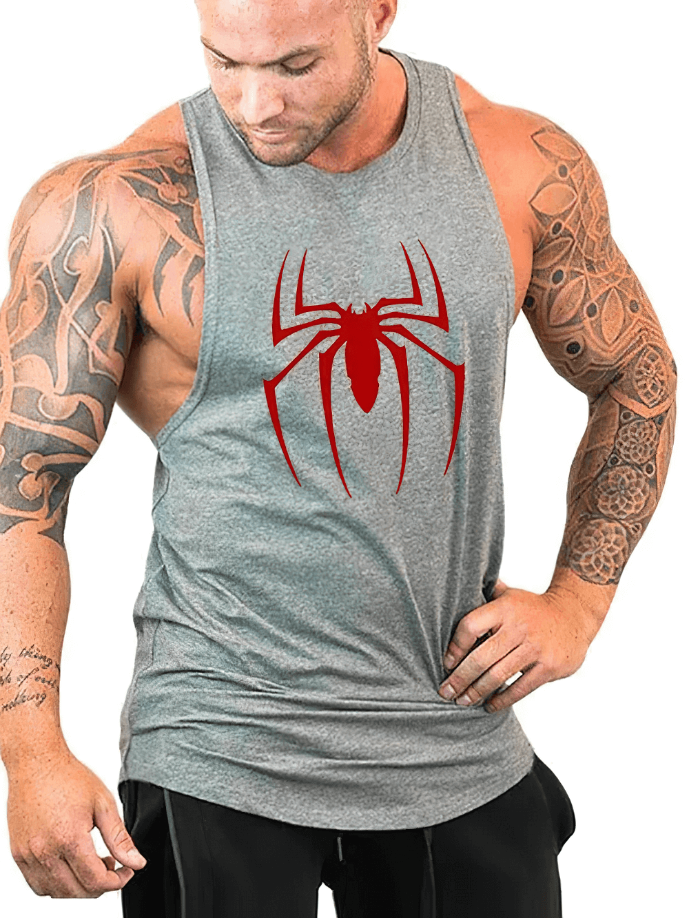Athletic male wearing Red Spider Printed Running Tank Tops for Gym - SF4112, showcasing spider logo and sleeveless design in gym setting.