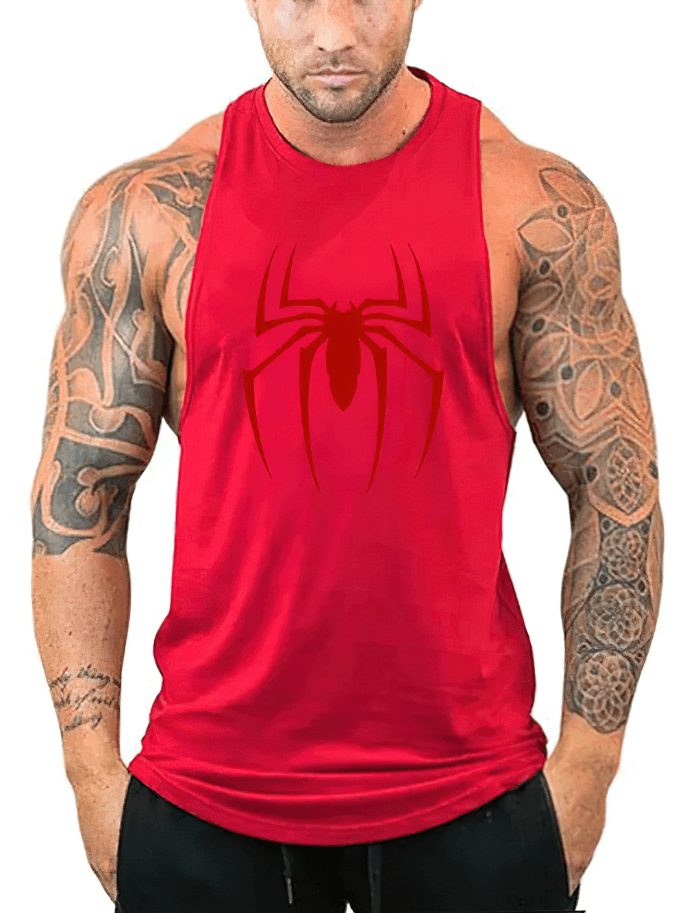 Red Spider Printed Running Tank Tops for Gym - SF4112 on a muscular model with spider graphic ideal for fitness and training.