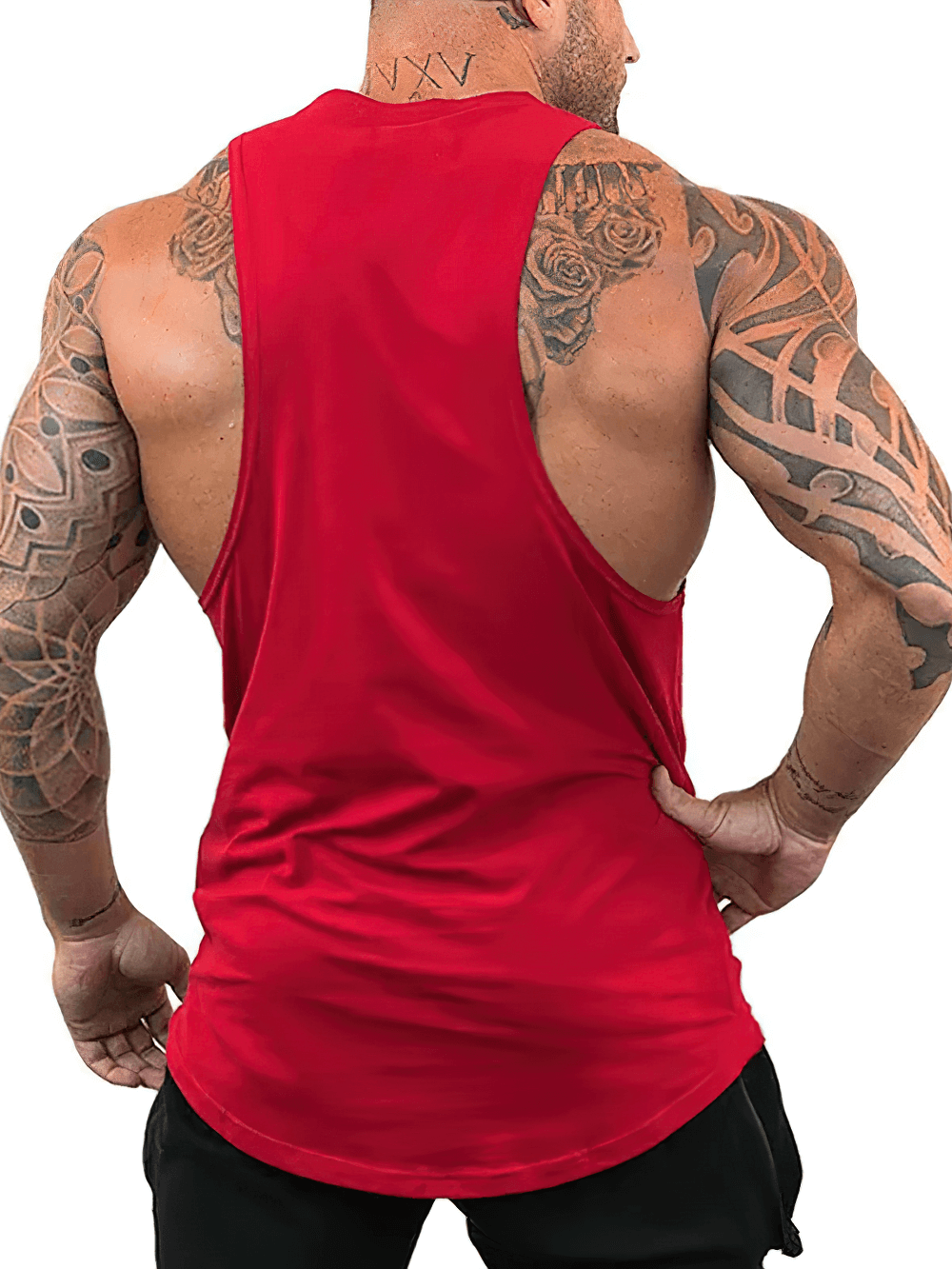 Back view of Red Spider Printed Running Tank Tops for Gym - SF4112 showcasing sleeveless design and tattooed arms.