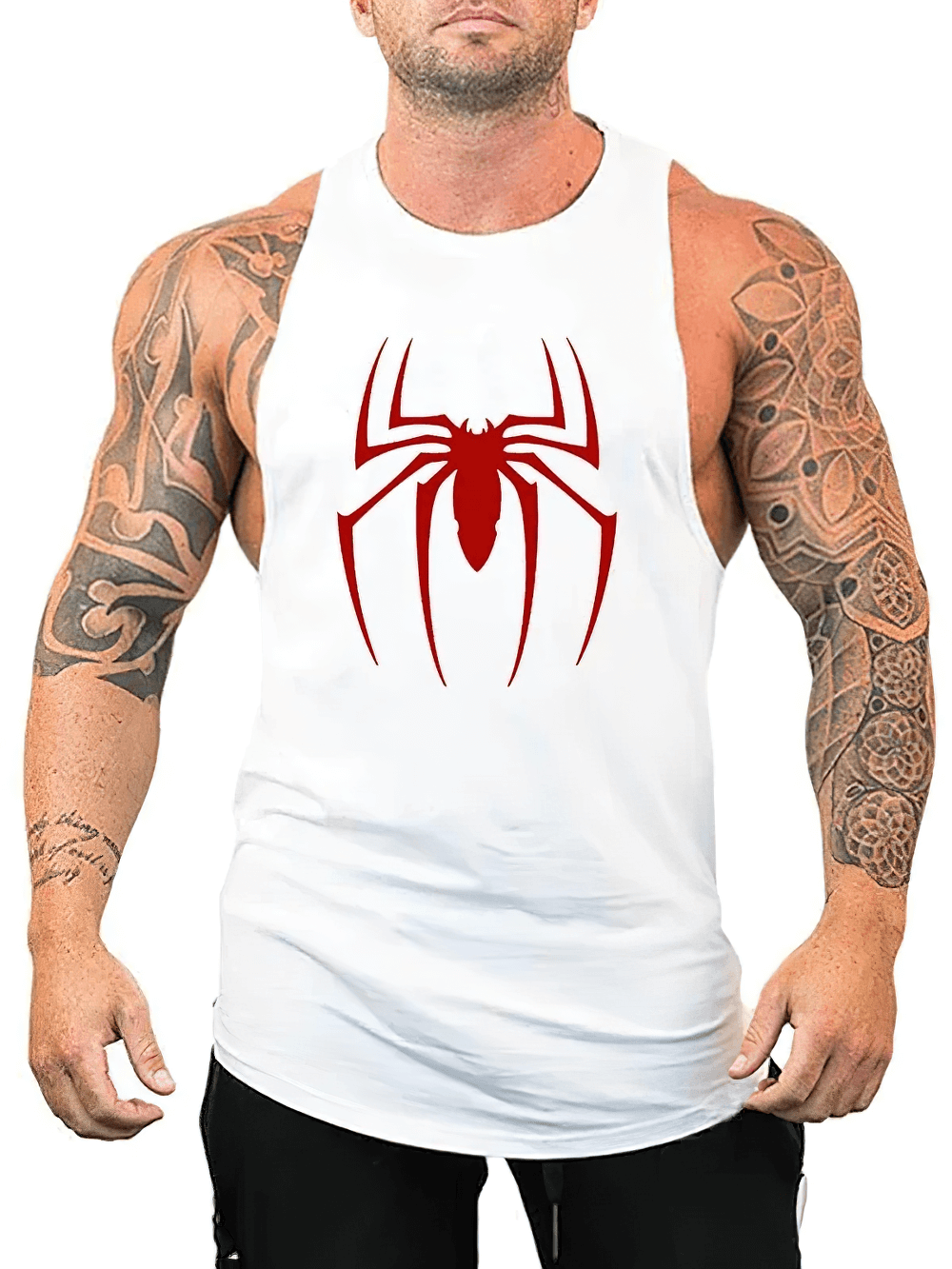 Men wearing Red Spider Printed Running Tank Tops for Gym - SF4112 with bold spider design, ideal for fitness and training. Sleeveless.