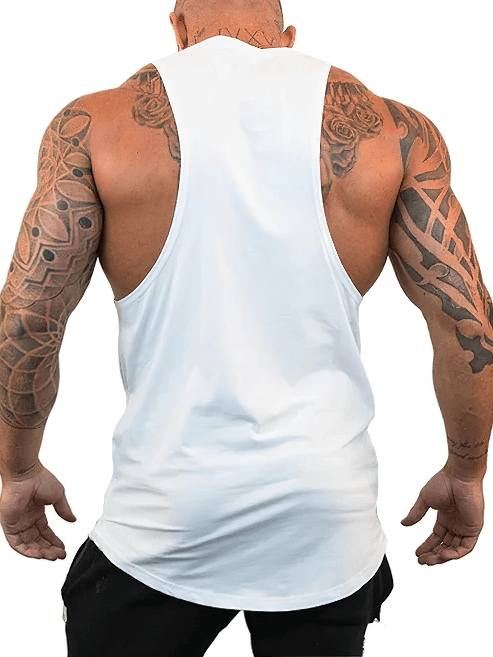 Back view of a man wearing a stylish white gym tank top with tattoos visible, Red Spider Printed Running Tank Tops for Gym - SF4112