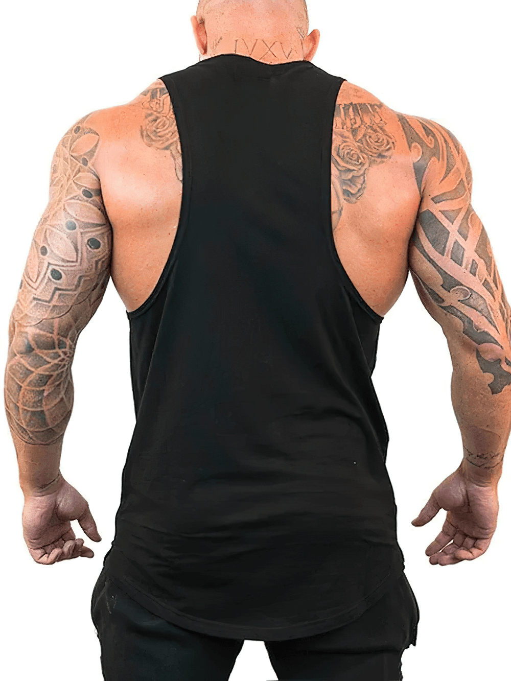 Back view of a man wearing a sleeveless black tank top, showing tattoos on his arms with a fit build.