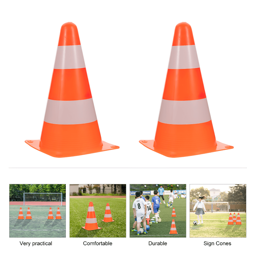 Reflective orange cones SF3207 for football training, featuring high visibility bands, shown in use for sports and safety.