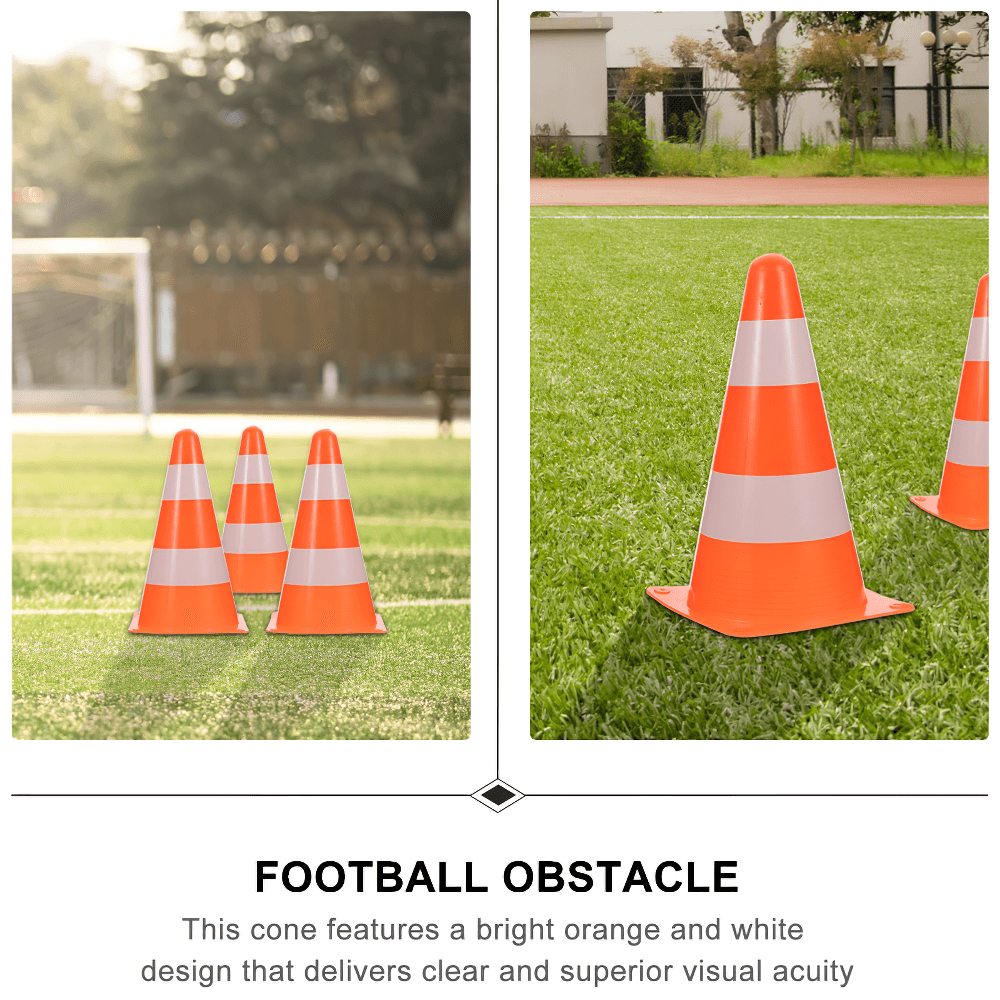 Reflective cones for football training on grass, bright orange with white stripes, ideal for safety and visibility in sports drills.