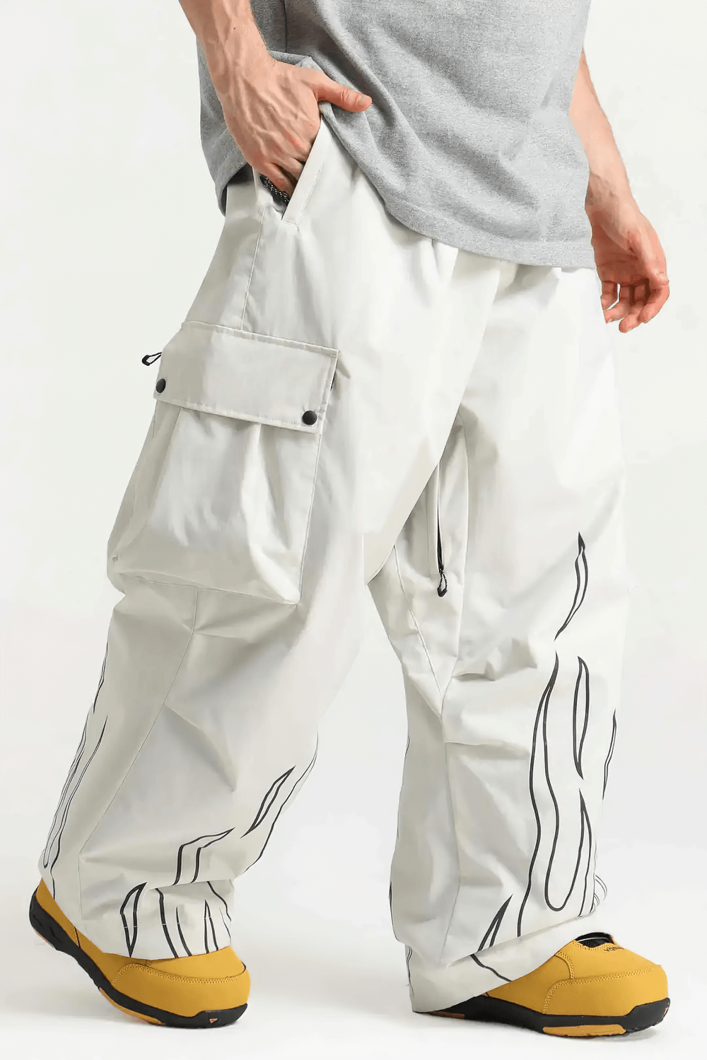 Reflective Flame Waterproof Snowboard Pants - SF4265 with loose fit and reflective flame pattern for outdoor sports.