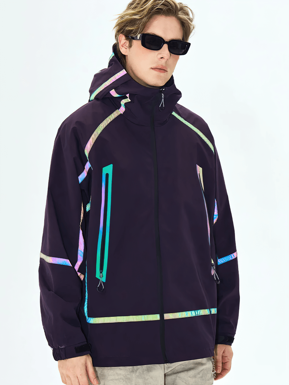 Alt Tag: Reflective Outdoor Hiking Jacket with Hood - SF4202, stylish waterproof jacket with reflective accents and zippered pockets.