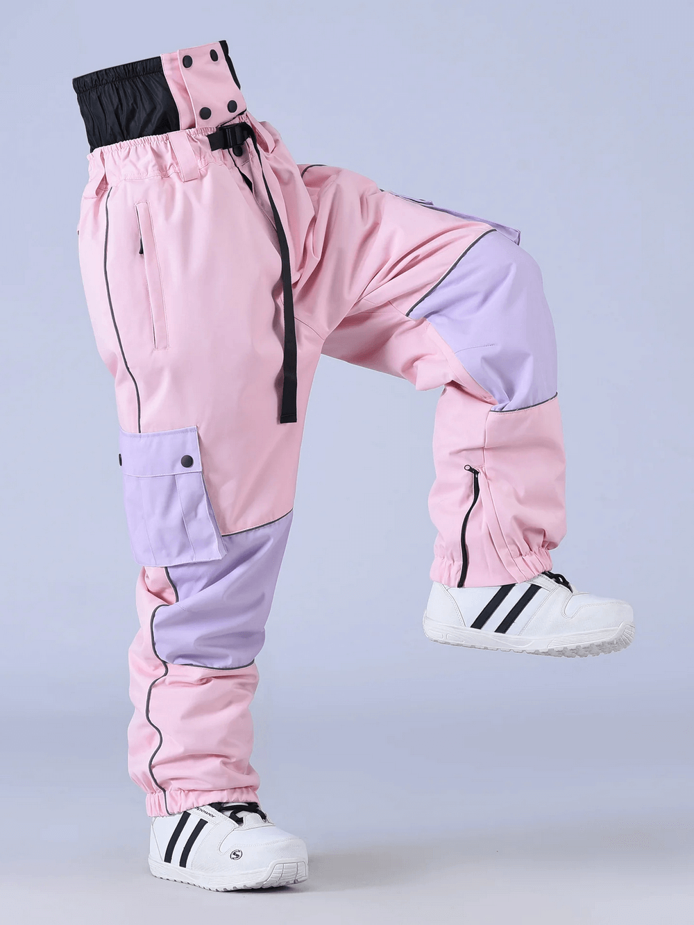 Pink and purple Reflective Snowboard Pants with Waist Guard - SF4248 featuring reflective lines for winter sports.