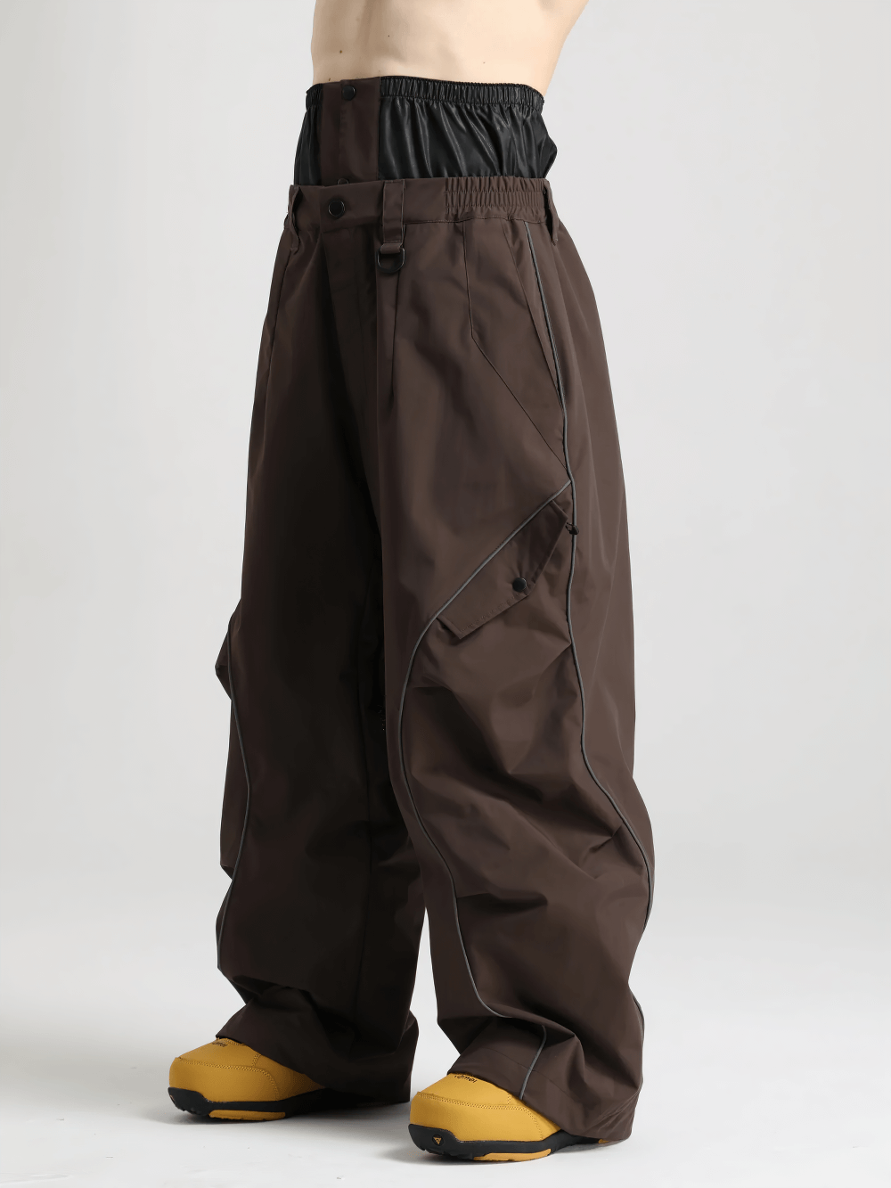 Reflective Stripe Baggy Snowboard Ski Pants - SF4247 showcasing brown color with elastic waistband and yellow boots. Ideal for winter sports.