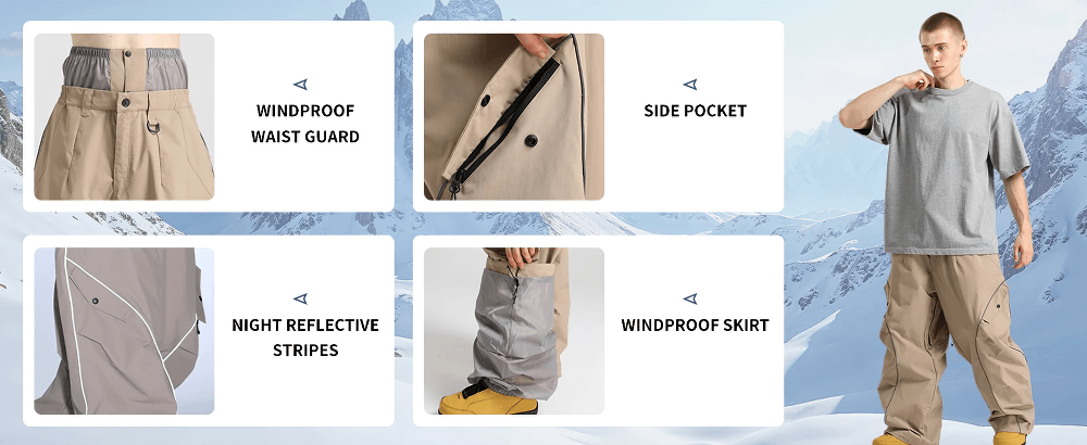 Reflective Stripe Baggy Snowboard Ski Pants - SF4247 with windproof features and side pockets in a snowy mountain background