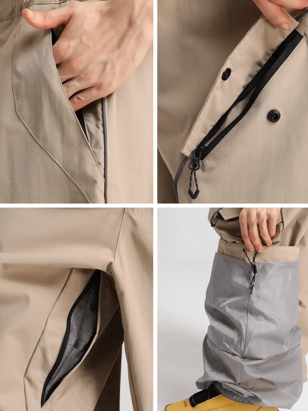 Close-up details of Reflective Stripe Baggy Snowboard Ski Pants - SF4247 showcasing zippers and pockets.