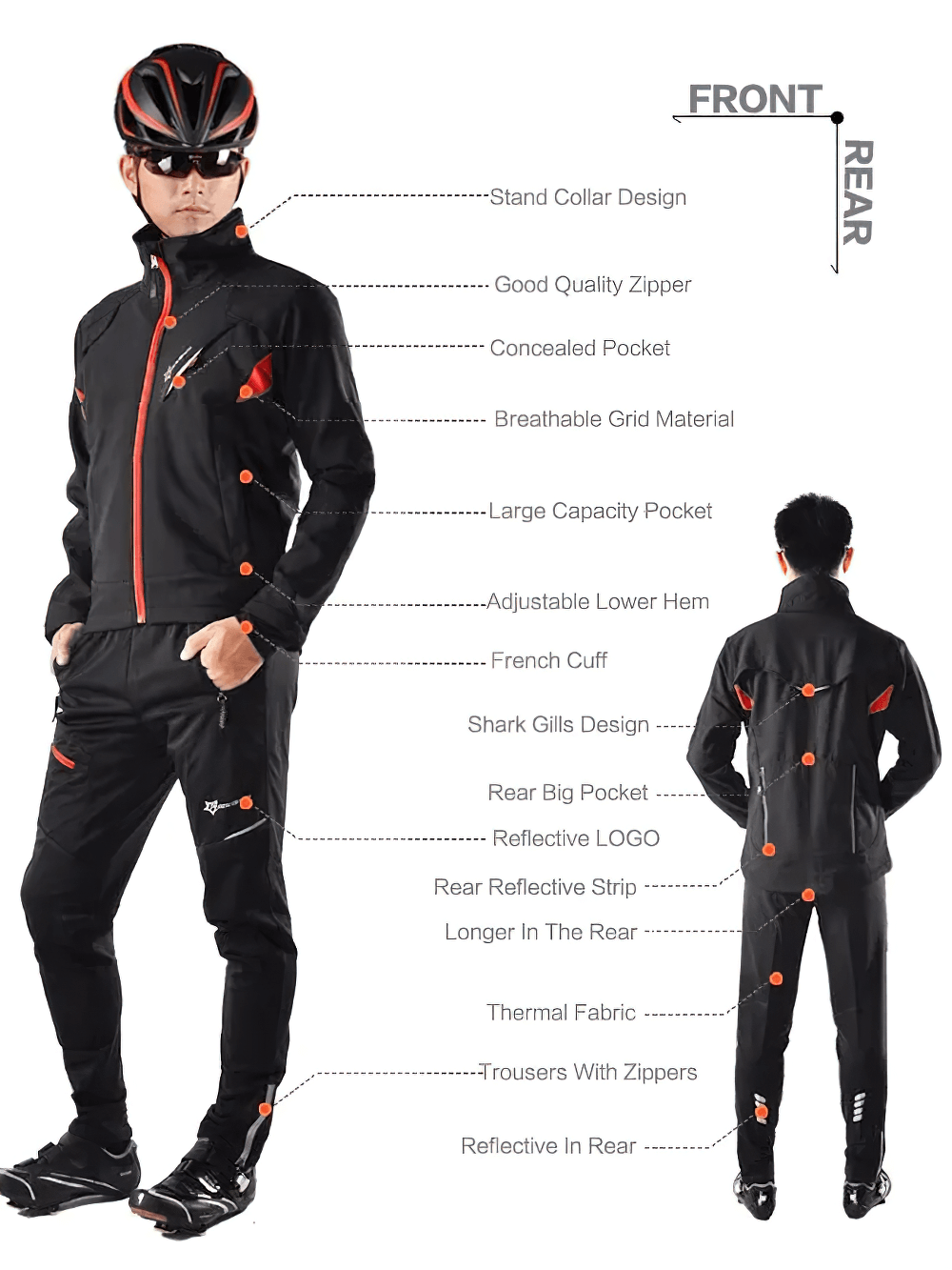 Reflective thermal cycling jacket and pants set SF2639 with waterproof design, ergonomic fit, and safety features for cold weather.