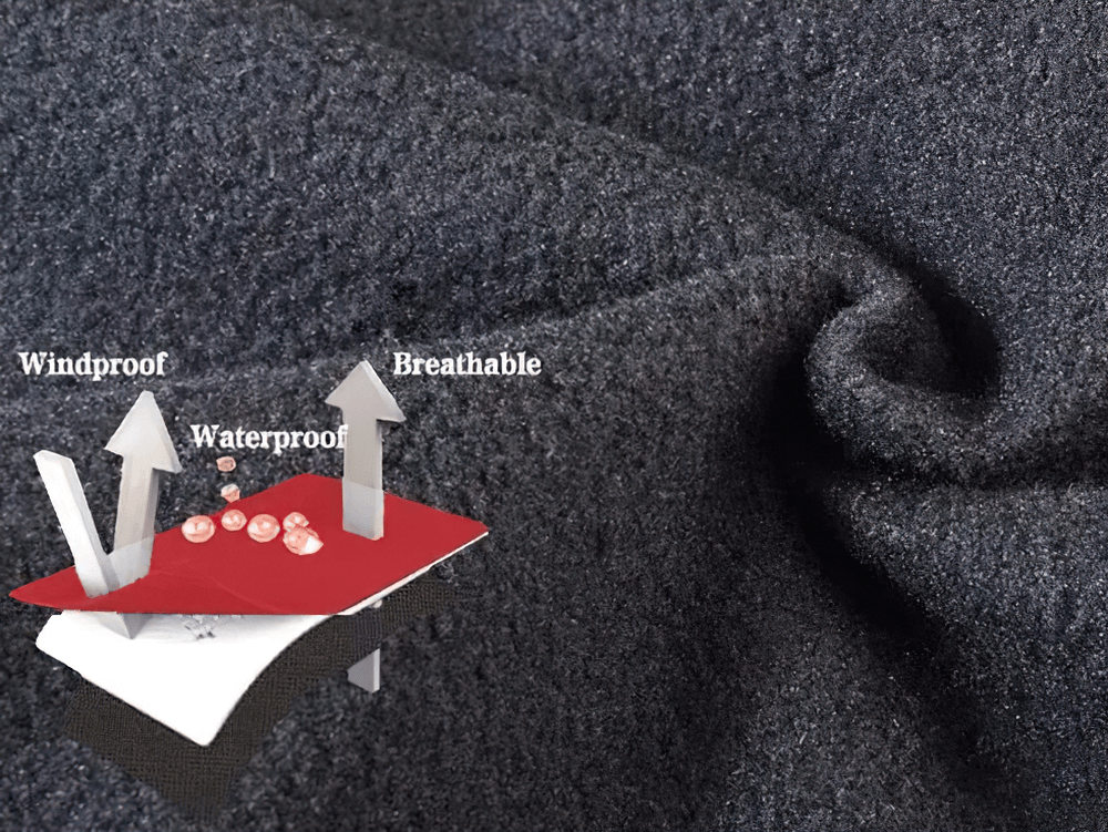 Close-up of waterproof and breathable cycling fabric with windproof overlay diagram for enhanced insulation.