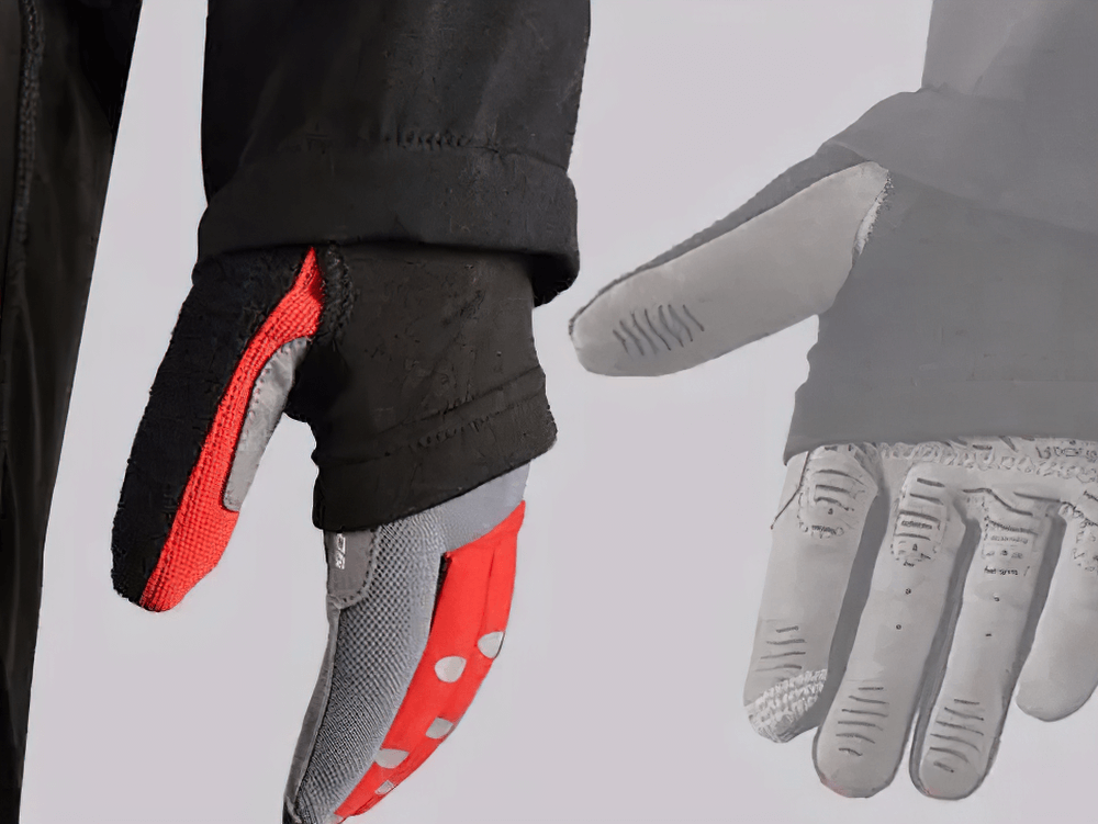 Reflective thermal cycling gloves showing red, grey design, perfect for cold, wet weather rides with ergonomic fit and waterproof material.