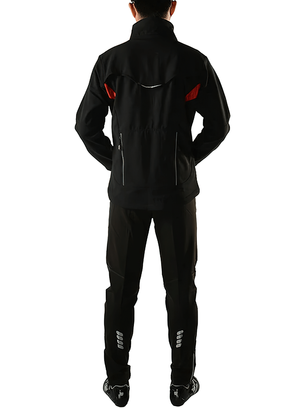 Men's reflective cycling jacket and pants set, waterproof and breathable. Ideal for cold weather and enhanced safety.