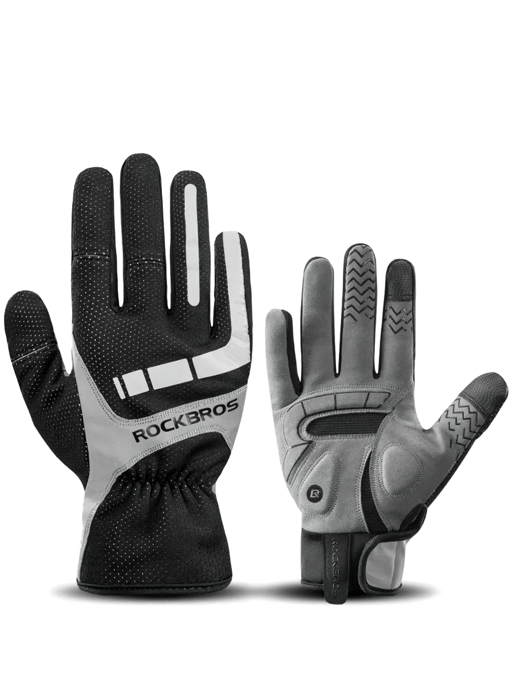 Reflective touchscreen cycling gloves with SBR pad, fleece insulation, non-slip silicone, and reflective accents for winter cycling.