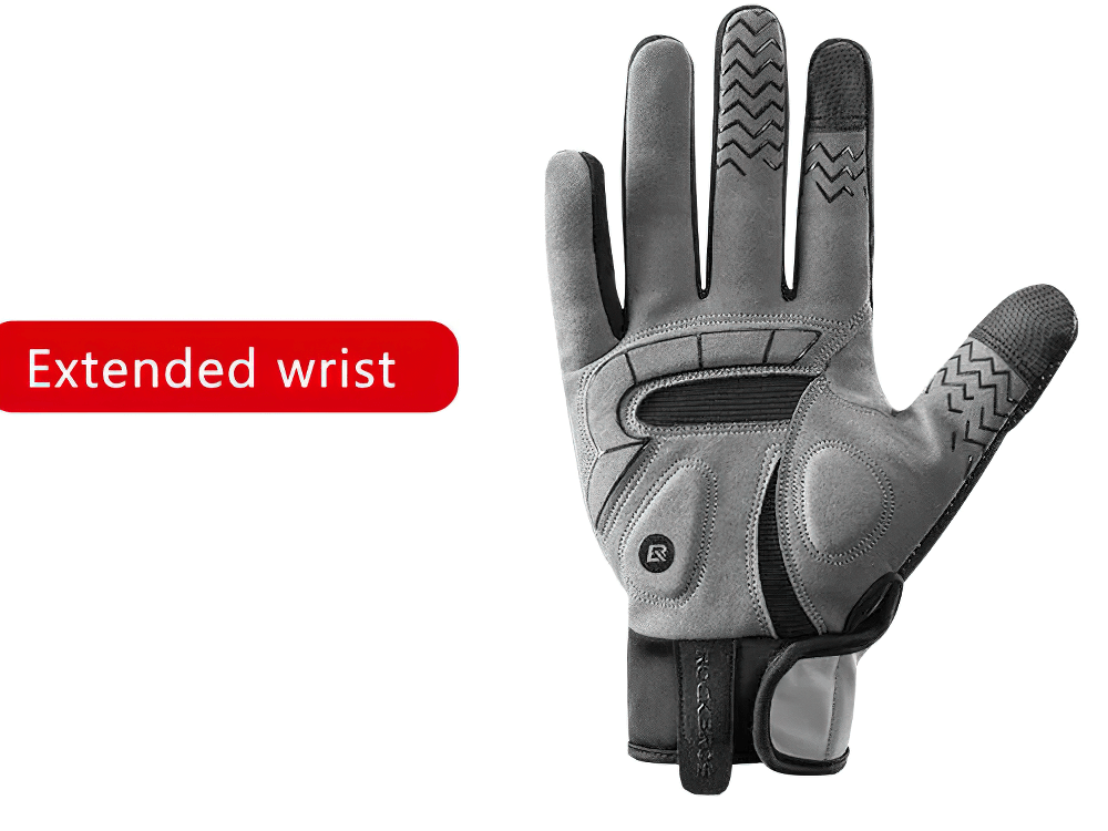 Reflective touchscreen cycling glove with extended wrist and SBR pad. Enhanced grip, thermal insulation, and non-slip design.