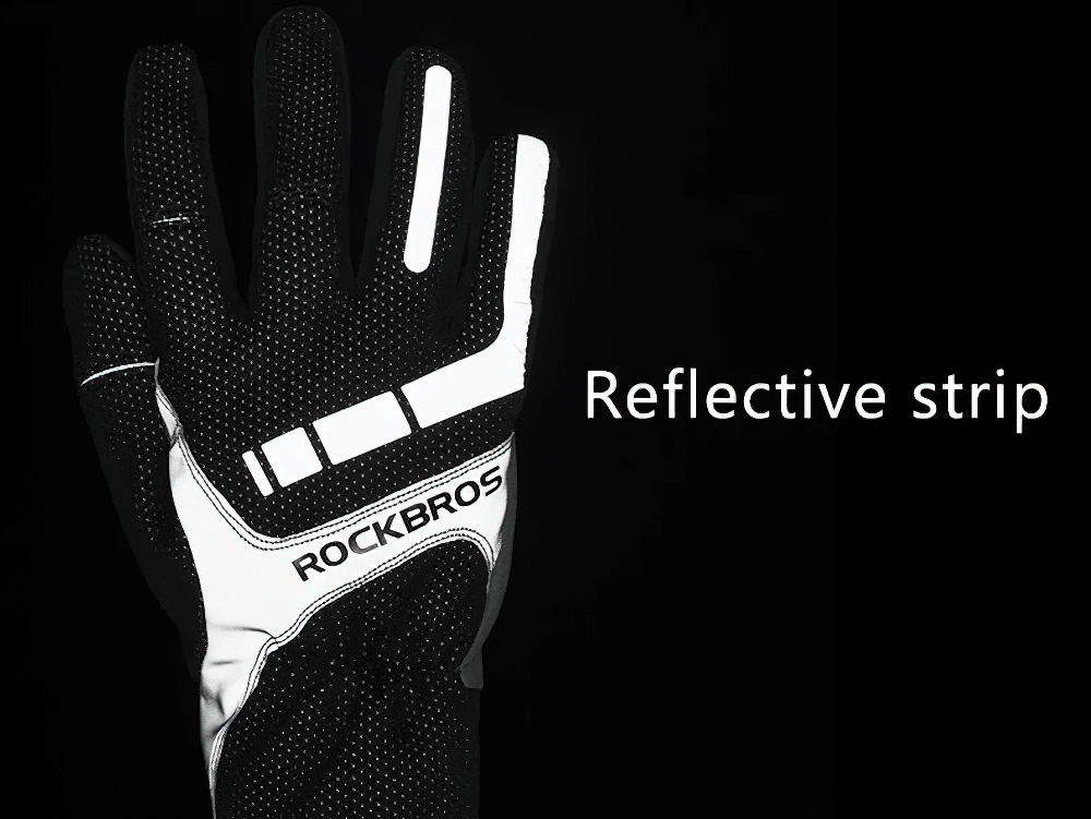 Reflective touchscreen cycling glove with non-slip silicone and padded palm for winter outdoor activities, featuring fleece insulation.