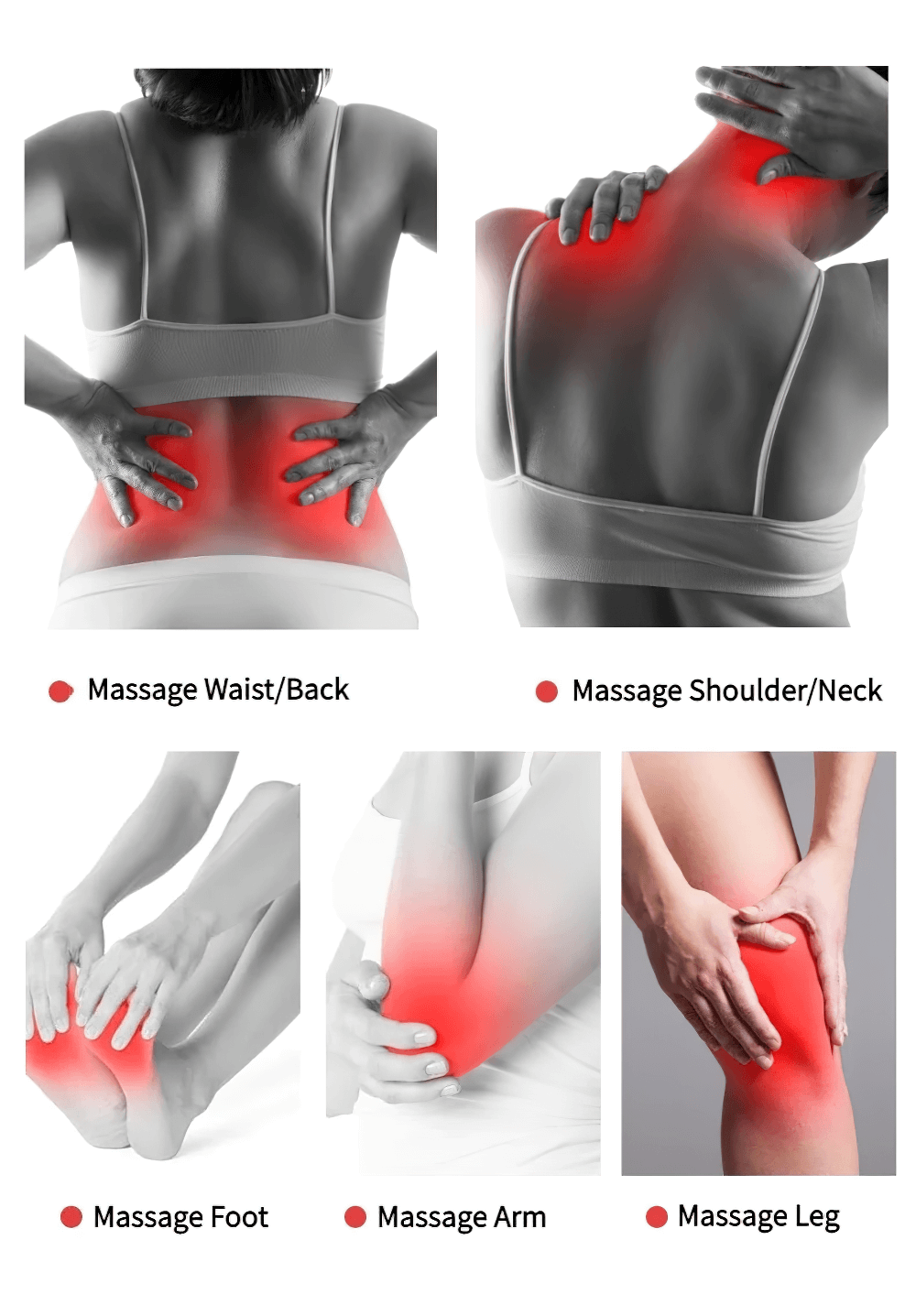 Diagrams showing massage techniques for waist, back, shoulder, neck, foot, arm, and leg using relaxing muscle massage balls.