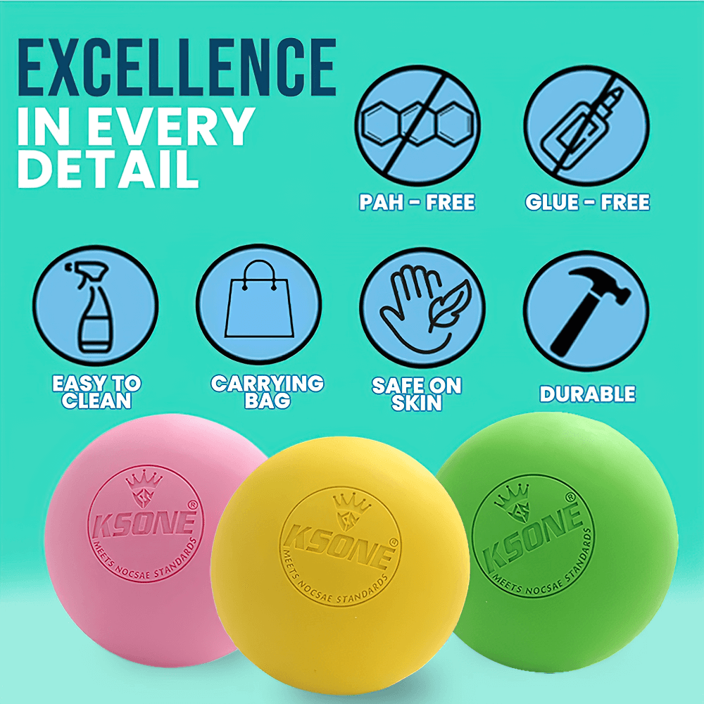 Colorful Relaxing Muscle Massage Balls for Yoga Recovery - SF3426 with icons showing features like easy clean, safe, and durable.