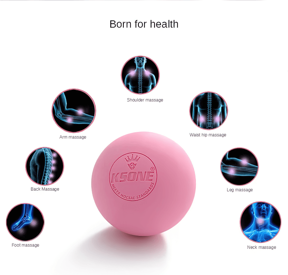 "Relaxing Muscle Massage Balls for Yoga Recovery - SF3426 shown with pink ball and various body massage focus points."