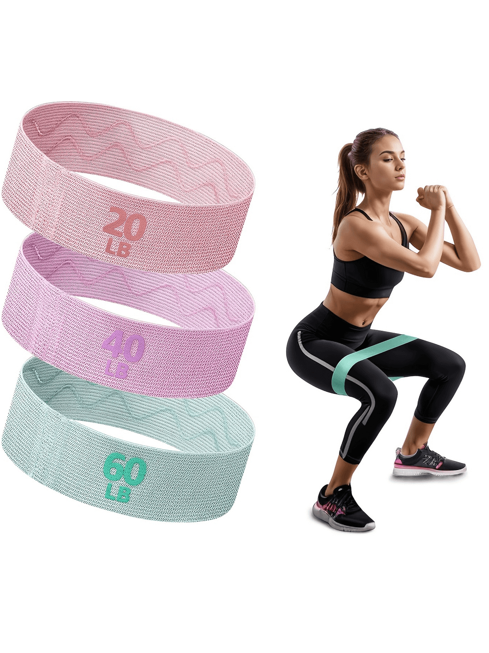 Woman squatting with resistance bands set of 20LB, 40LB, 60LB in pink, purple, and green for non-slip strength training.