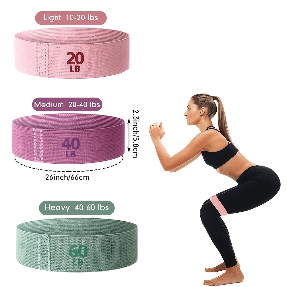 Woman squatting with pink resistance band; 3-level non-slip bands in pink, purple, green for strength toning, 20-60LB resistance.