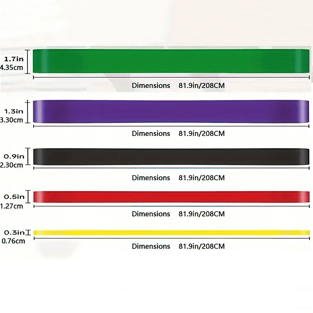 Colorful resistance bands set with dimensions, ideal for pull ups and stretching exercises. Heavy duty, versatile for home workouts.