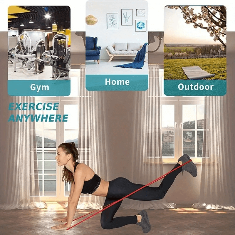 Woman using resistance band for home workout with gym and outdoor options shown, highlighting exercise versatility.