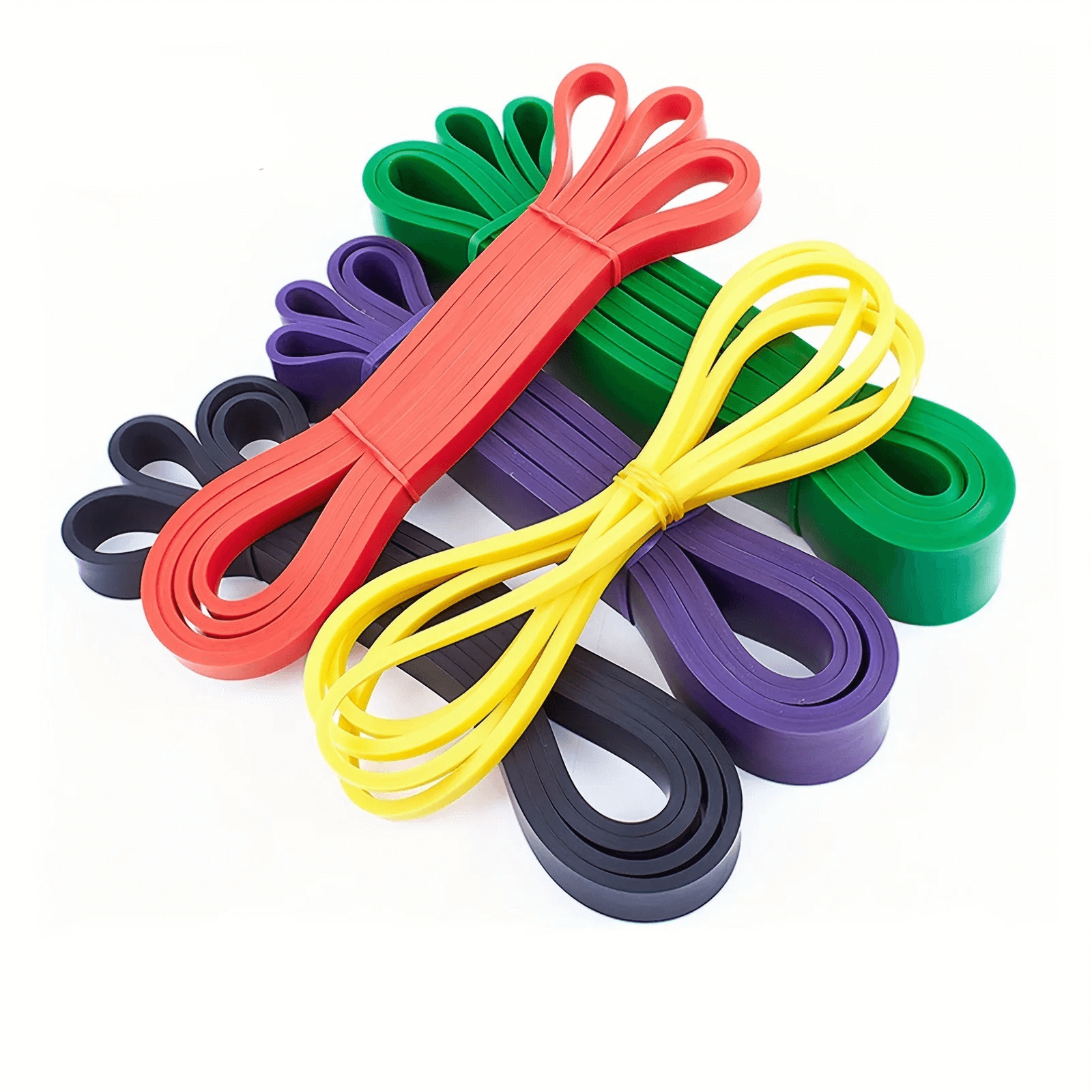 Colorful set of heavy duty resistance bands for pull ups, stretching, and home workouts, featuring multiple resistance levels for fitness training.
