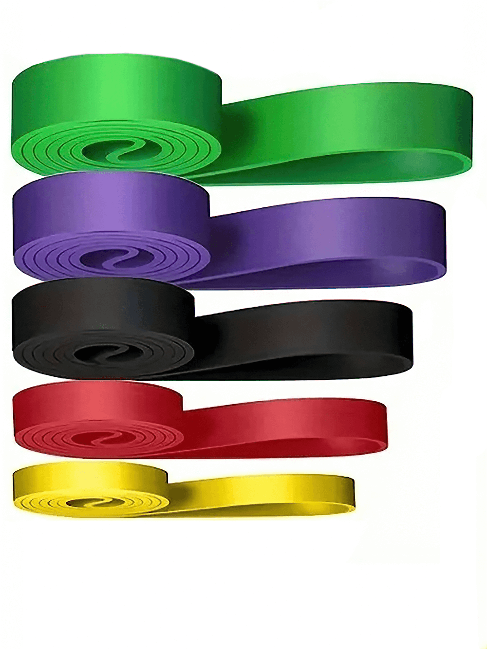 Colorful resistance bands set for stretching, pull up assistance, and home workouts. Durable exercise bands in five resistance levels.