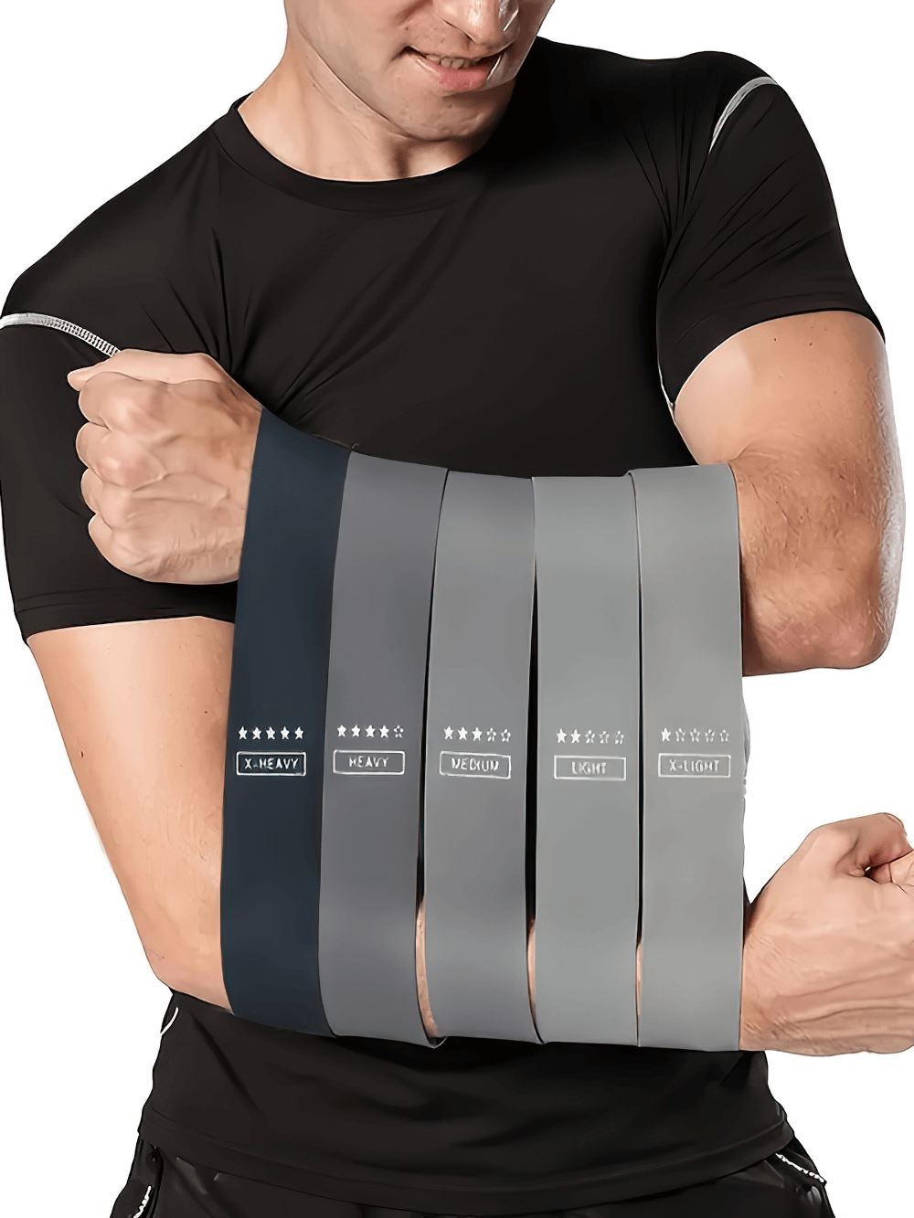 Man holding black resistance bands set SF3003 for strength training and rehab, featuring durable, non-slip bands of varying tensions.