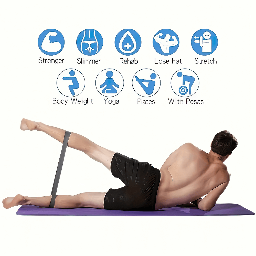 Man using black resistance band for leg exercise on yoga mat, icons for fitness benefits like strength and rehab visible above.