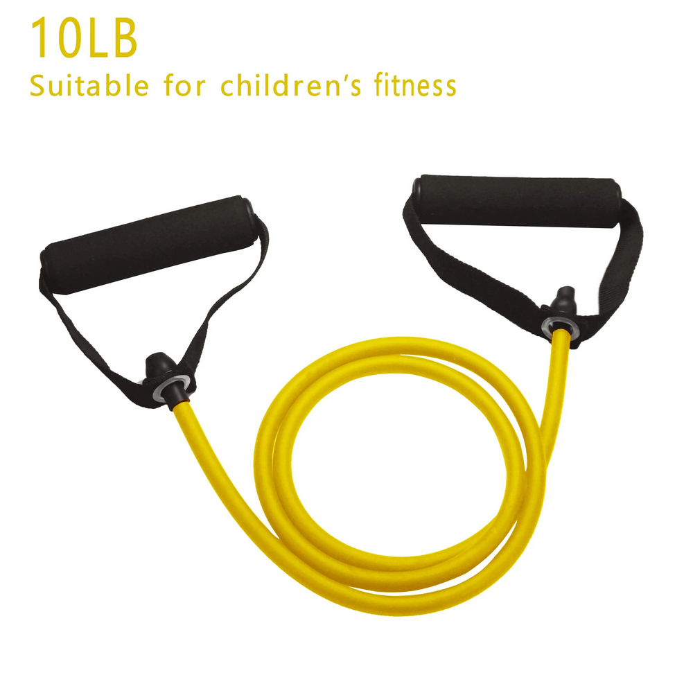 10LB yellow resistance exercise bands with handles for children's fitness, featuring durable handles for secure grip and effective muscle targeting.