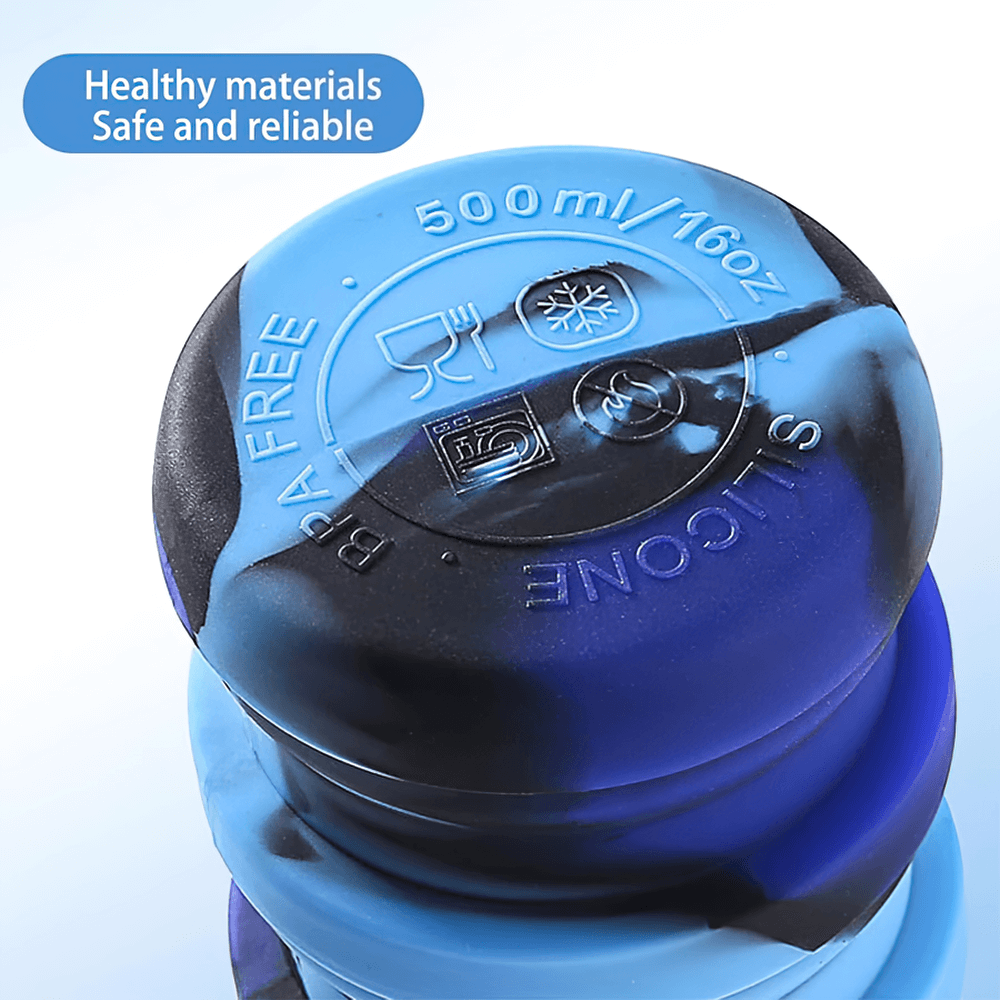 Close-up of Reusable Collapsible Bottle with Carabiner - SF3489 showing BPA-free silicone material and 500ml capacity.