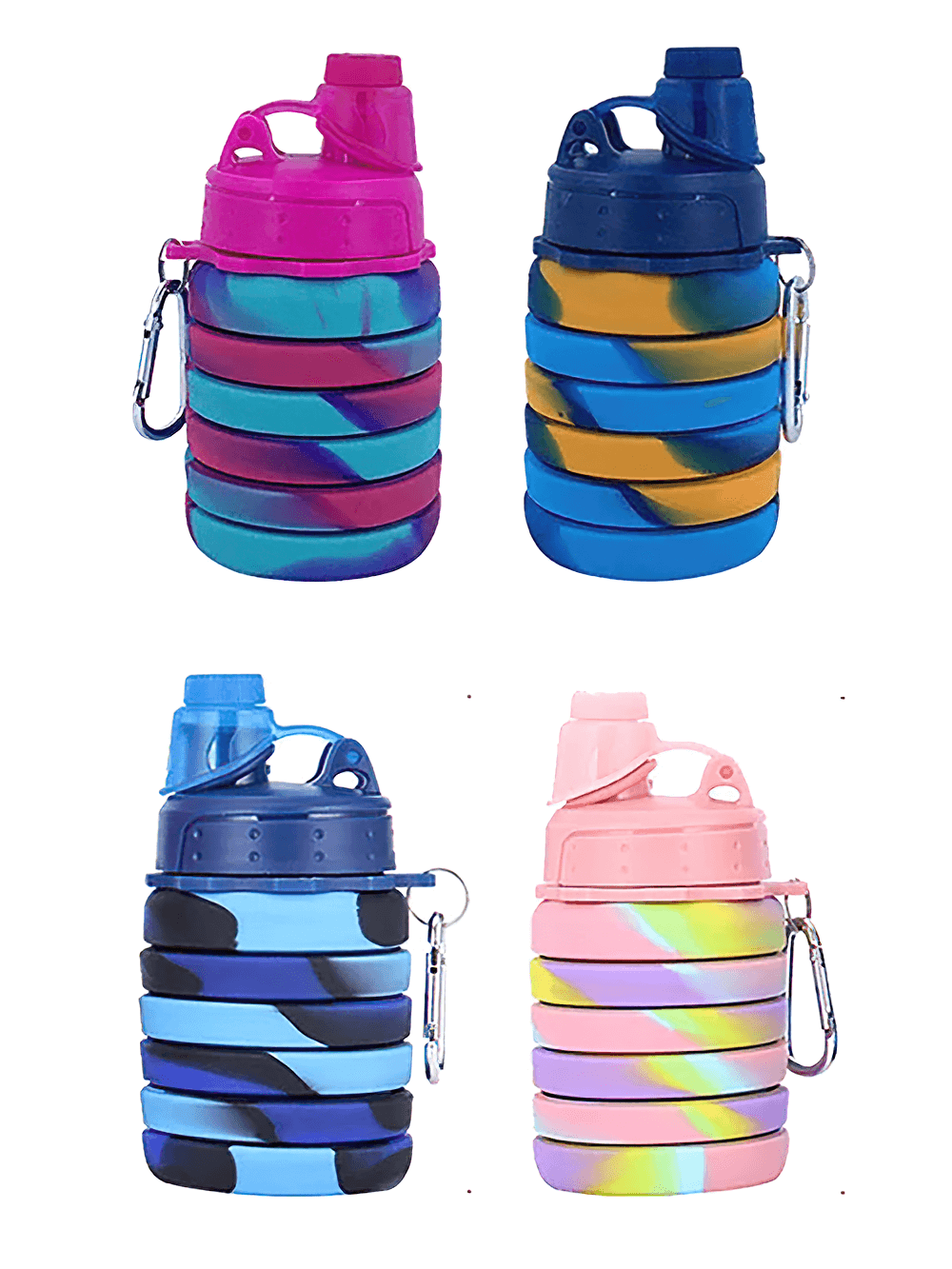 Colorful Reusable Collapsible Bottle with Carabiner - SF3489 displayed in multiple styles for outdoor activities.